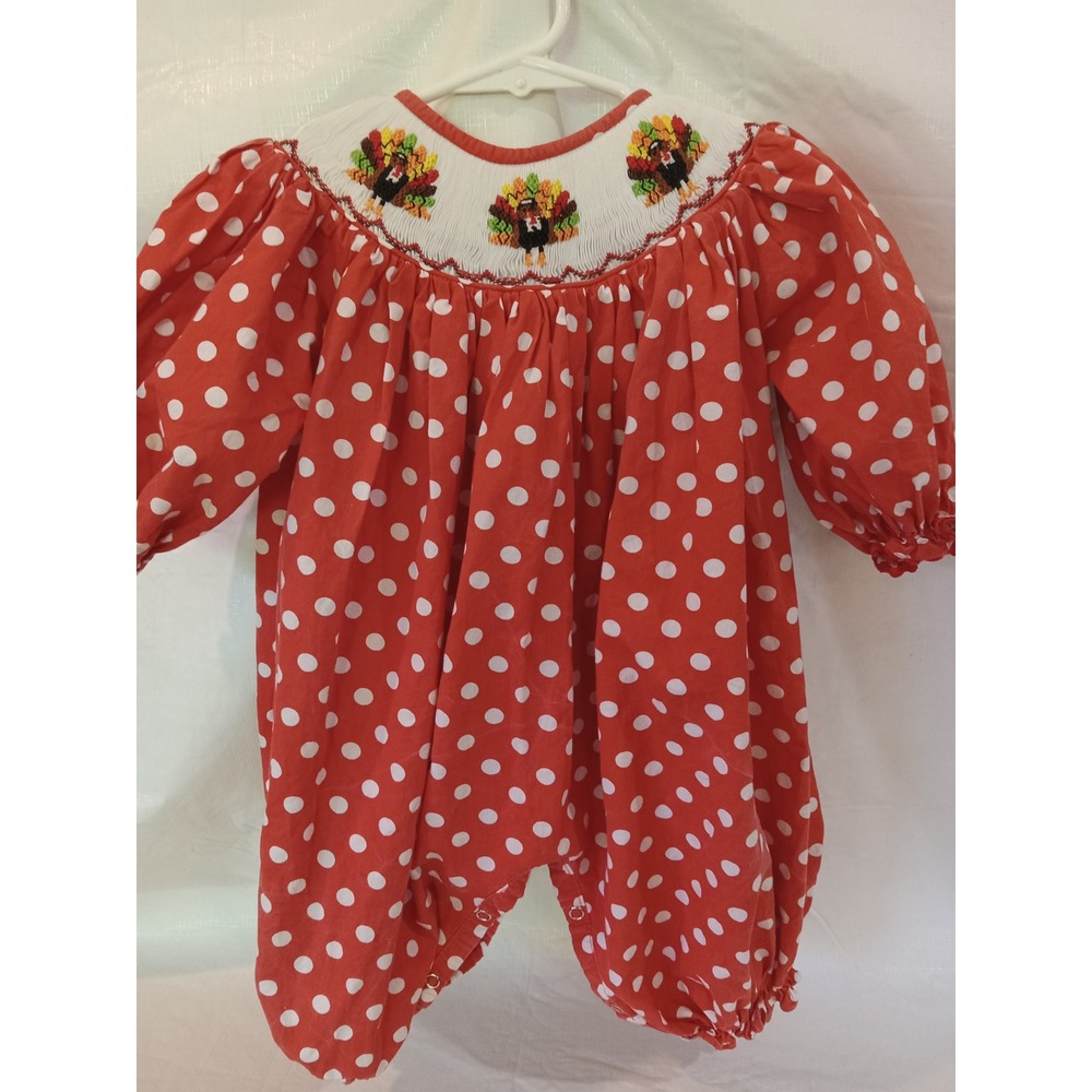 Molly Pop 9M Romper orange White Polka Dot Thanksgiving Turkey Smocked Outfit